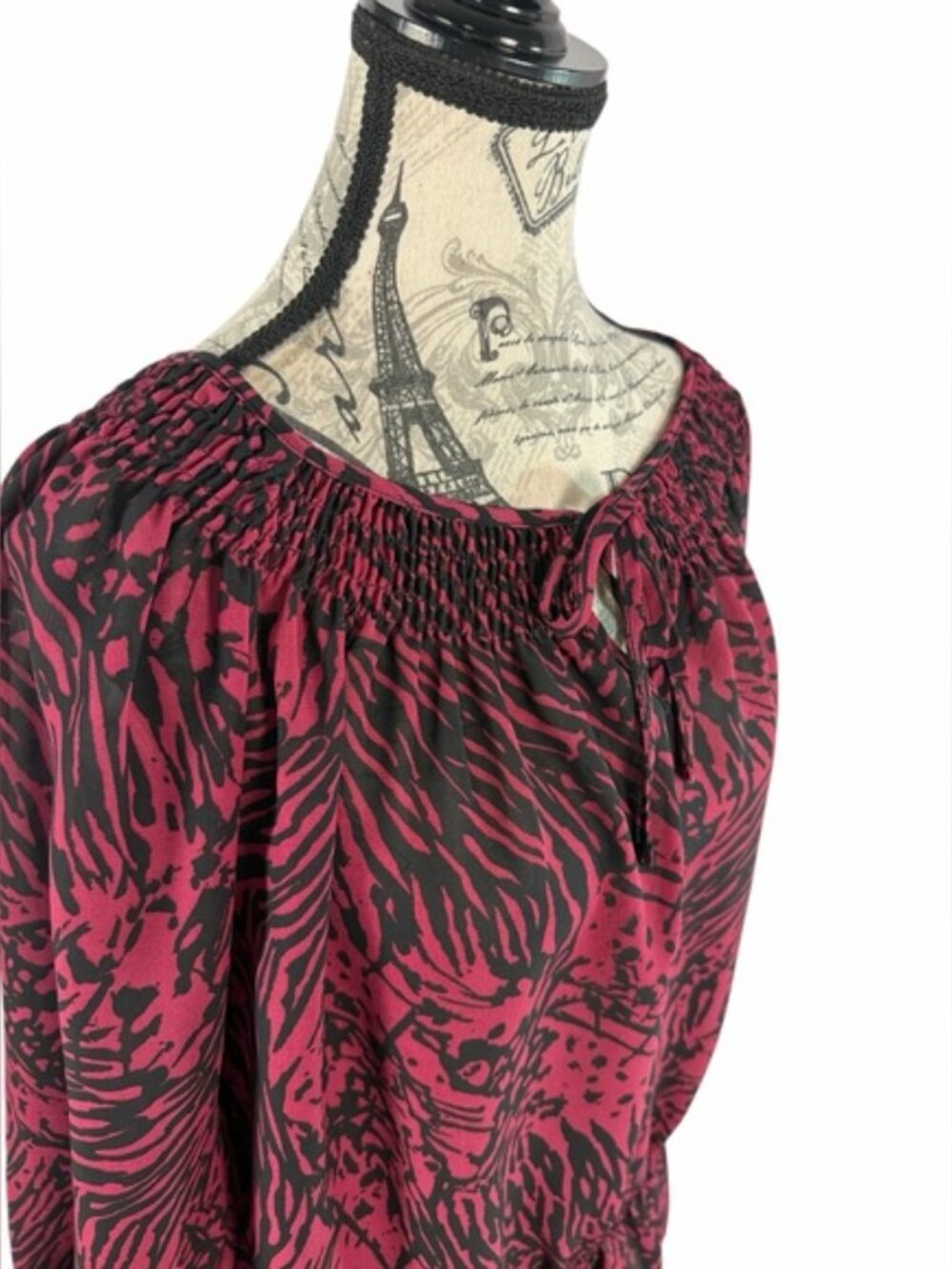 Miss Tina Tina Knowles Cranberry Zebra Print Peasant Blouse L Boho Peplum - Picture 7 of 9